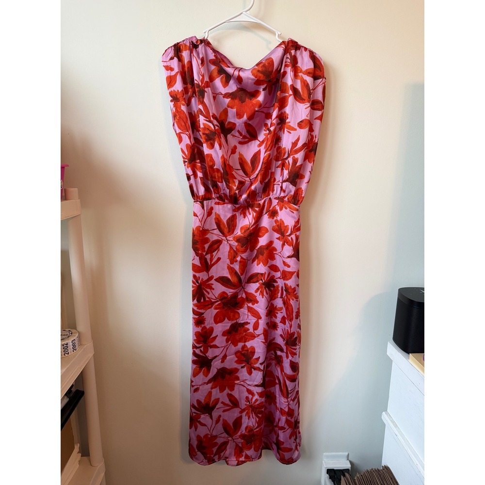 Vici Floral Cowl Neck Midi Dress Pink Red Satin Sleeveless Elastic Waist Medium